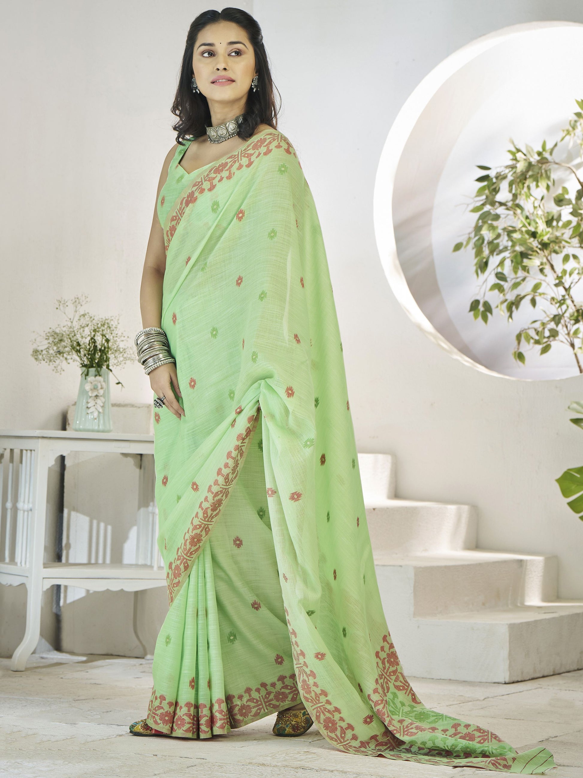 Pista color linen weaving saree for women