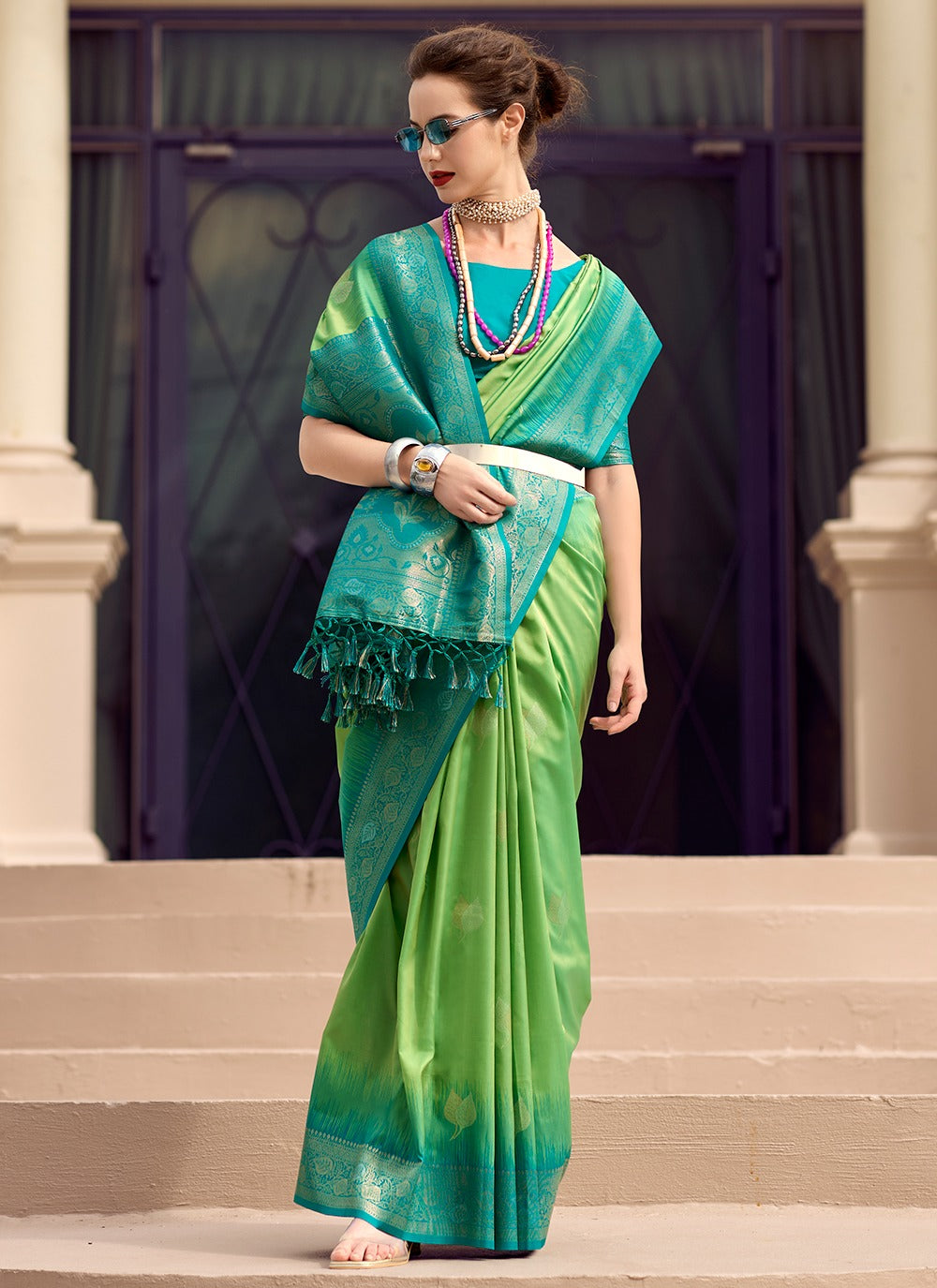 Green color paithani silk saree for women