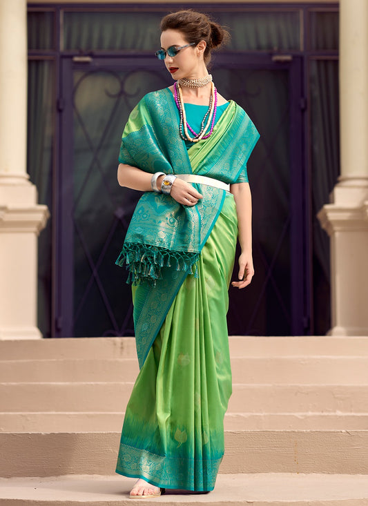 Green color paithani silk saree for women
