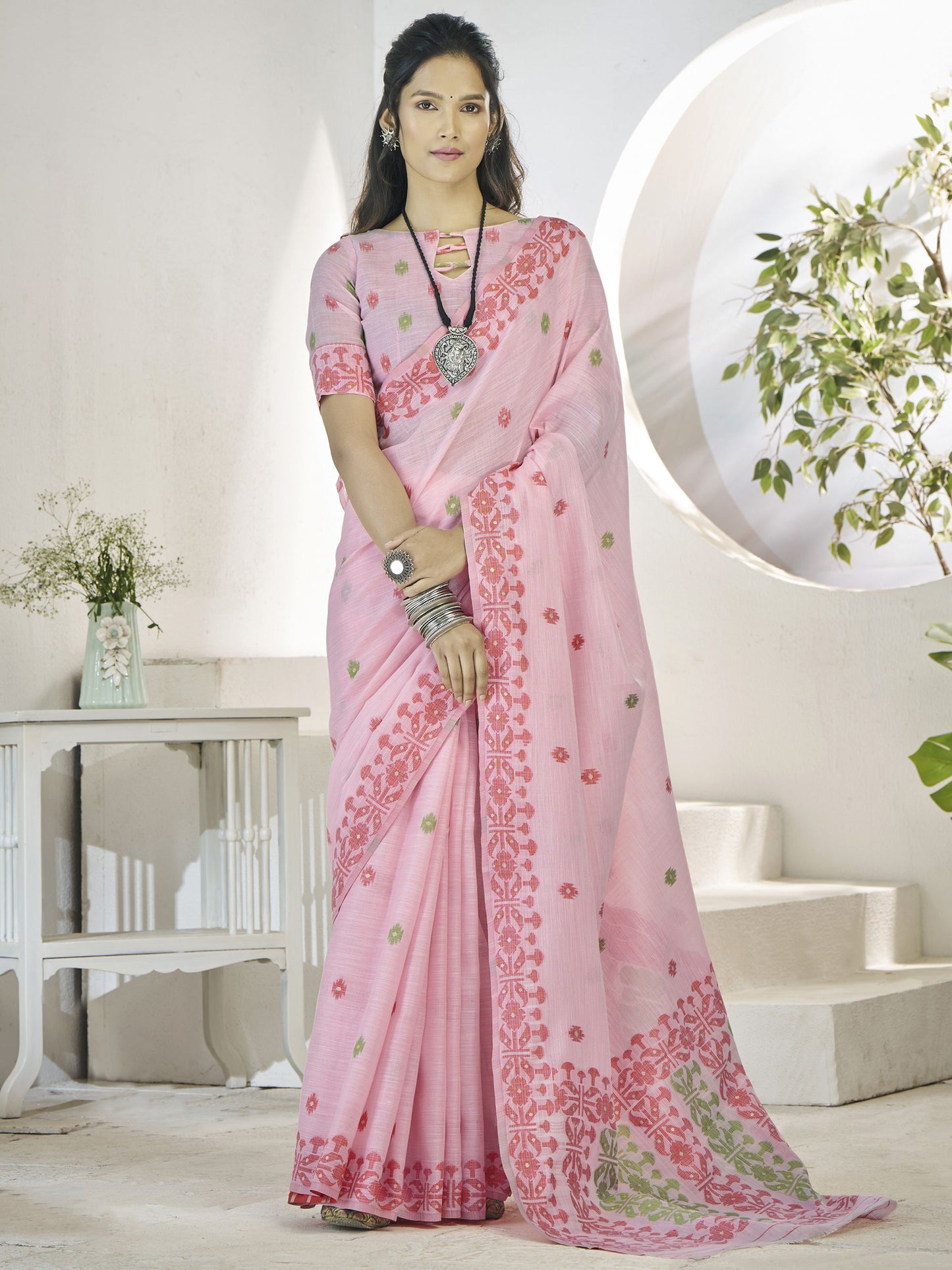 Pink color linen weaving saree for women