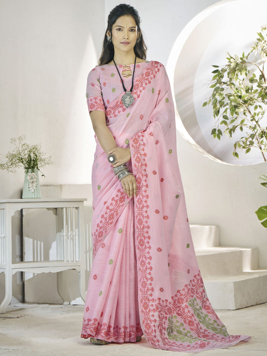 Pink color linen weaving saree for women