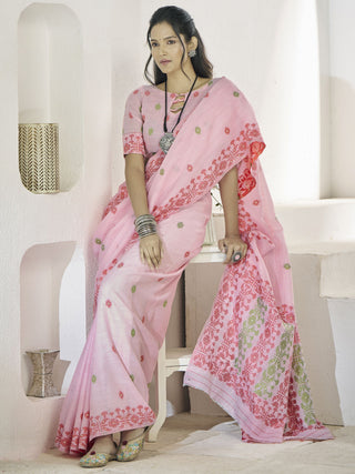 Pink color linen weaving saree for wedding