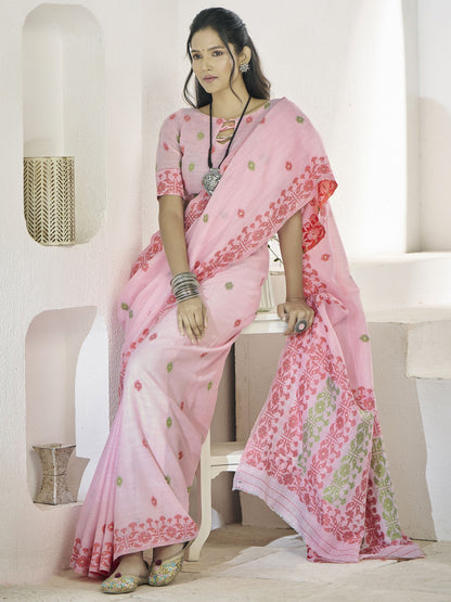 Pink color linen weaving saree for wedding