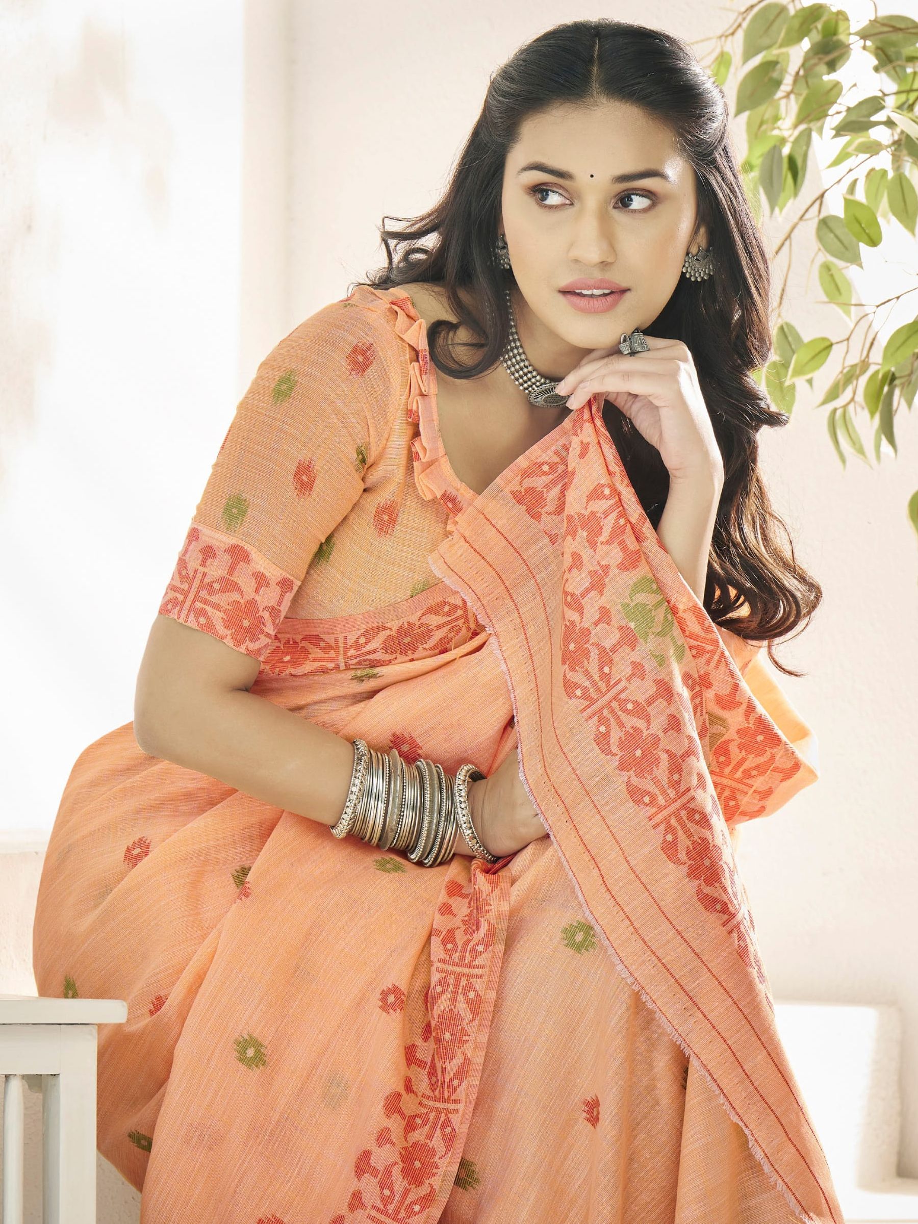 Orange color linen weaving saree with blouse price