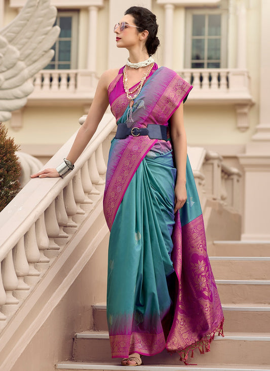Teal blue color soft silk saree for women price
