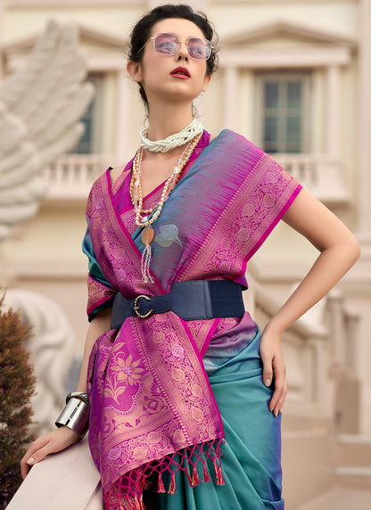 Teal blue color soft silk saree for wedding

