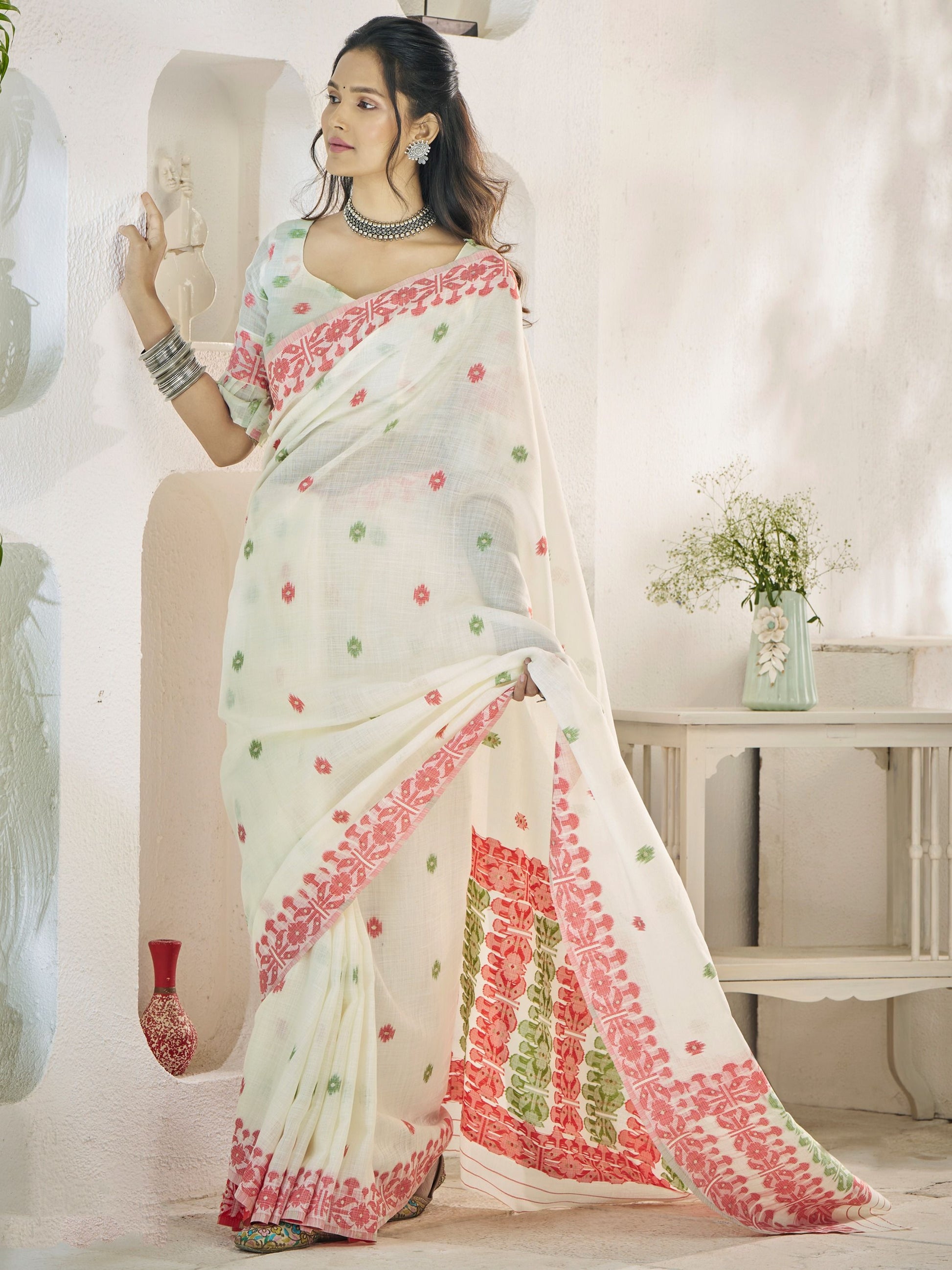 White color linen weaving saree with blouse online