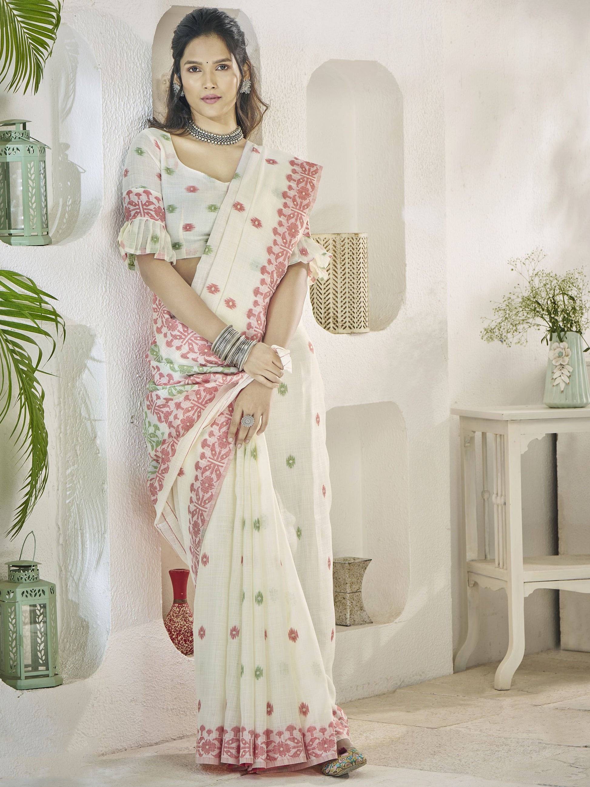 White color linen weaving saree for women