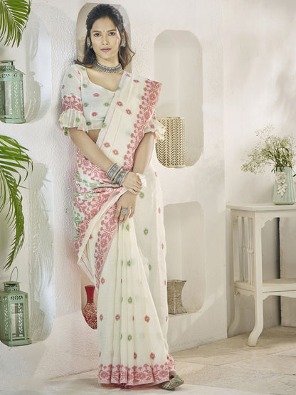 White color linen weaving saree for women