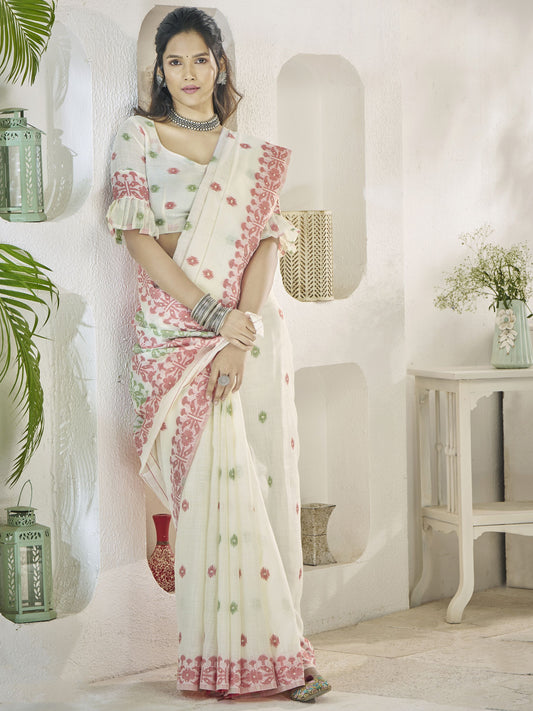 White color linen weaving saree for women