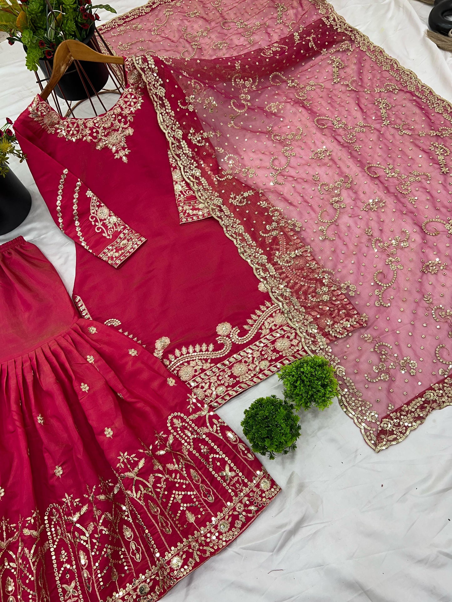 Pink color shimmer silk sharara suit with dupatta online