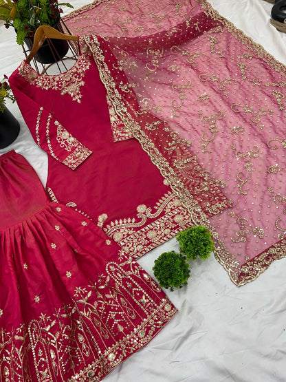Pink color shimmer silk sharara suit with dupatta online