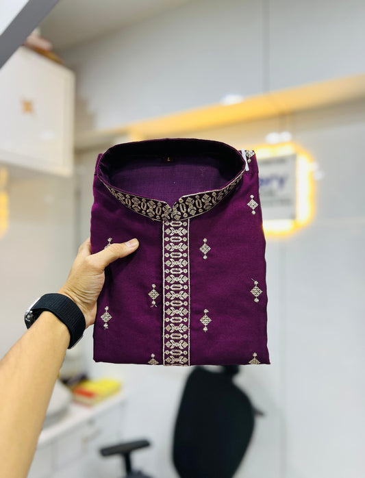 Wine color silk embroidery work kurta pajama 