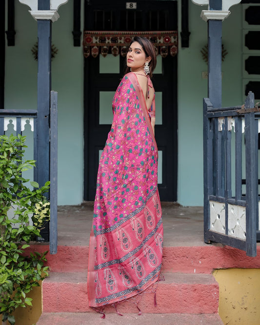 Pink color linen printed saree with blouse online 