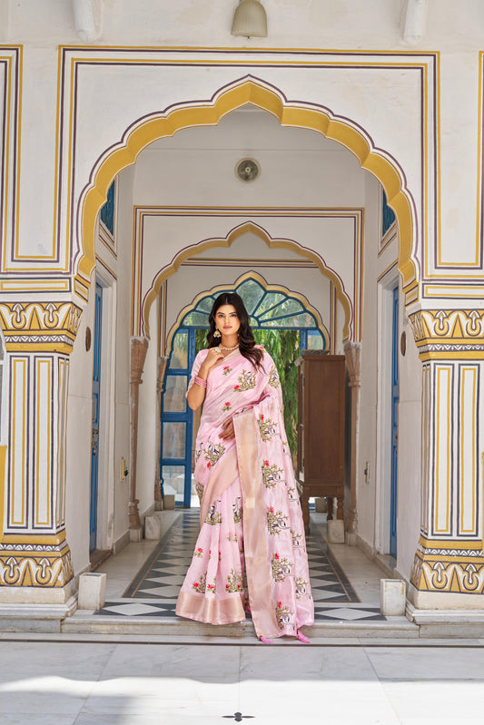Pink color kota crystal saree for women