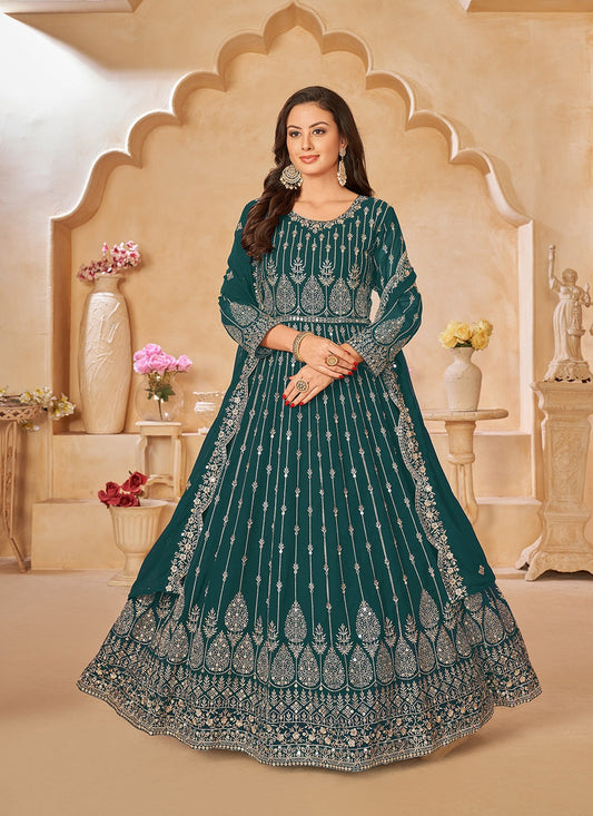 Full sleeves Teal Green color georgette long salwar suit 