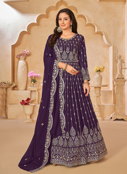 Wine Color georgette long gown with dupatta images 