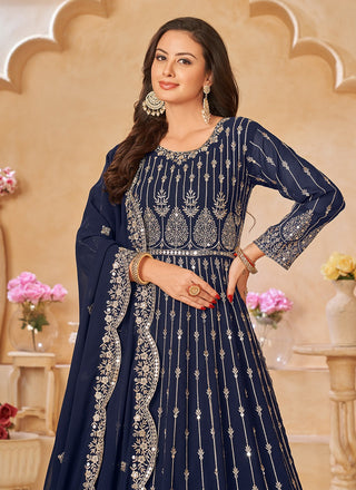 Heavy gown long sleeve navy blue georgette gown for women
