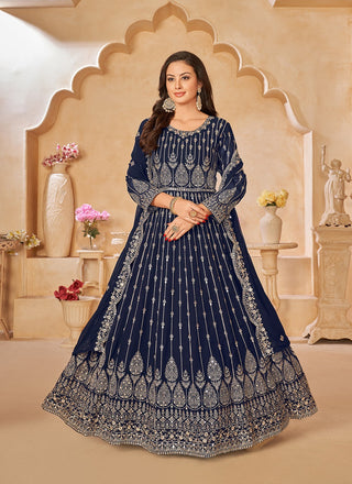 Long sleeve navy blue georgette gown for women
