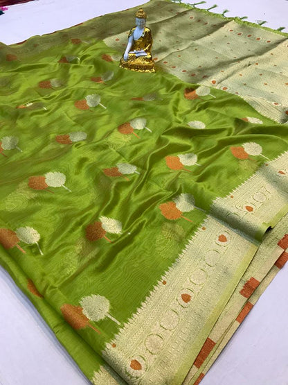 Green color organza silk saree with blouse price
