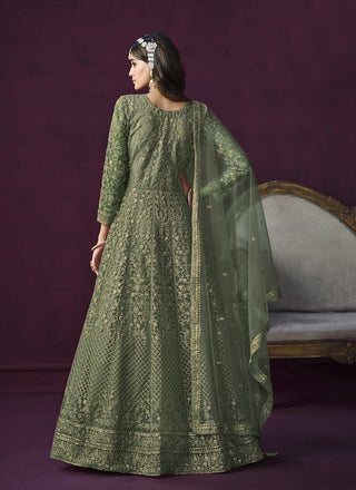 Green color soft net long salwar suit for women