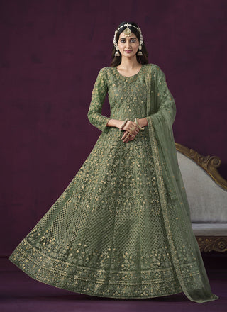 Green color soft net long salwar suit