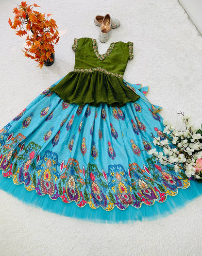 Sky color chinon silk printed lehenga with top
