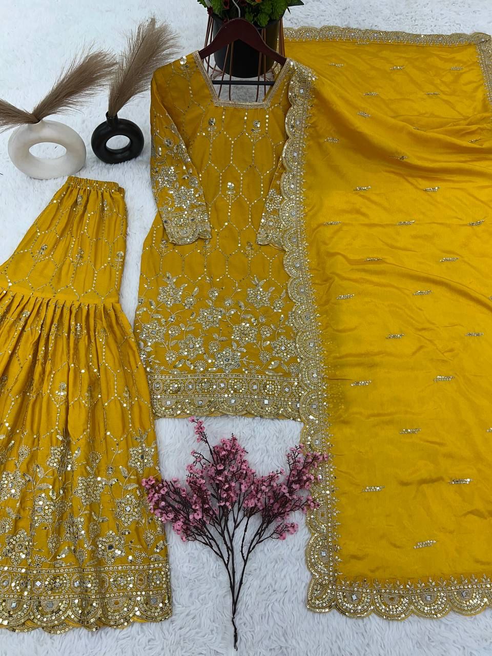 Yellow color chinon silk sharara suit for women