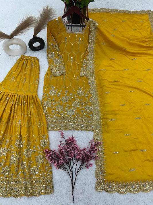 Yellow color chinon silk sharara suit for women