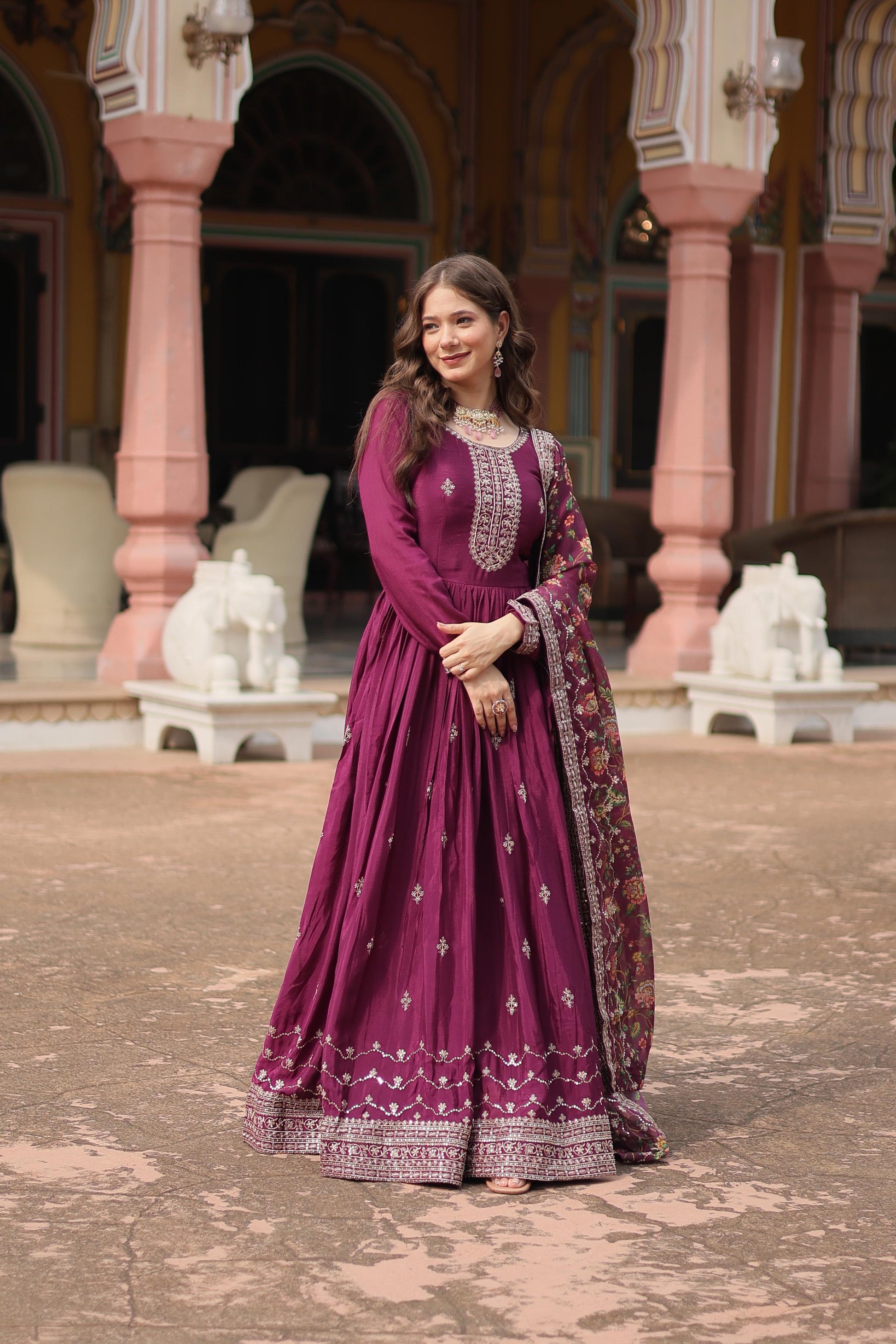purple anarkali dress Purple Silk Beads Zari Anarkali Gown After Six Wear