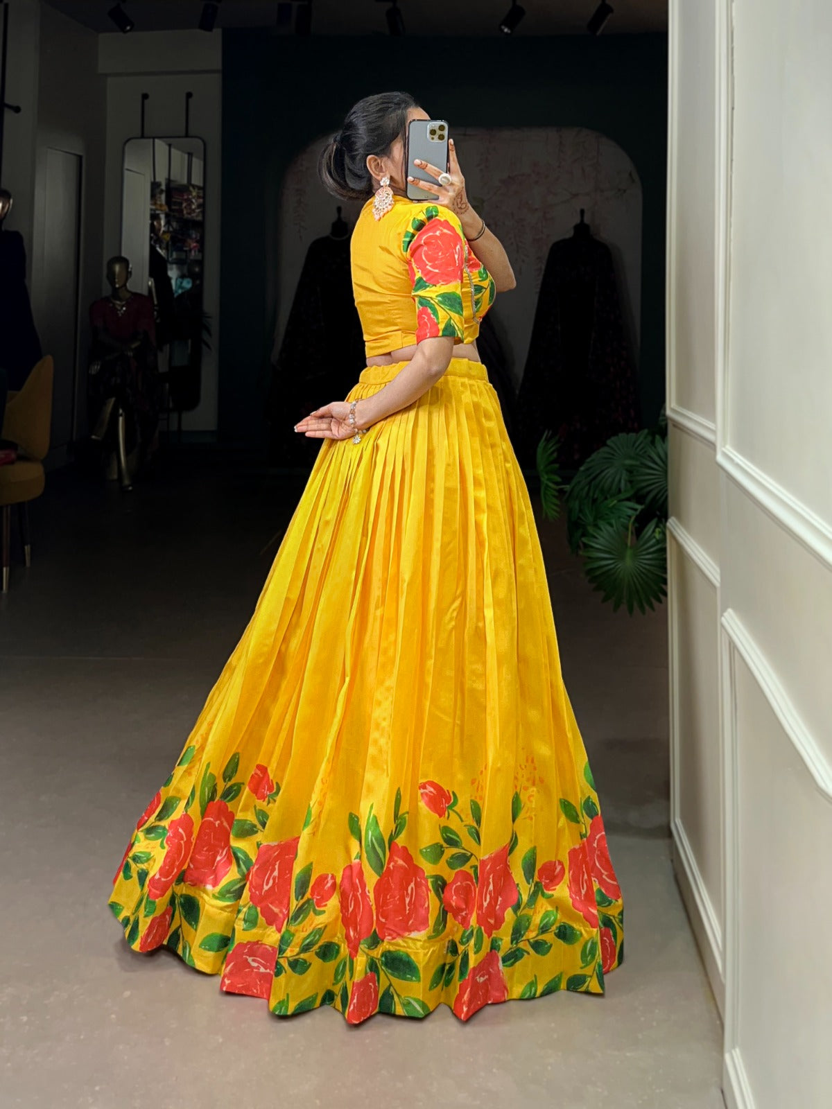 Yellow color tussar silk floral design lehenga choli design