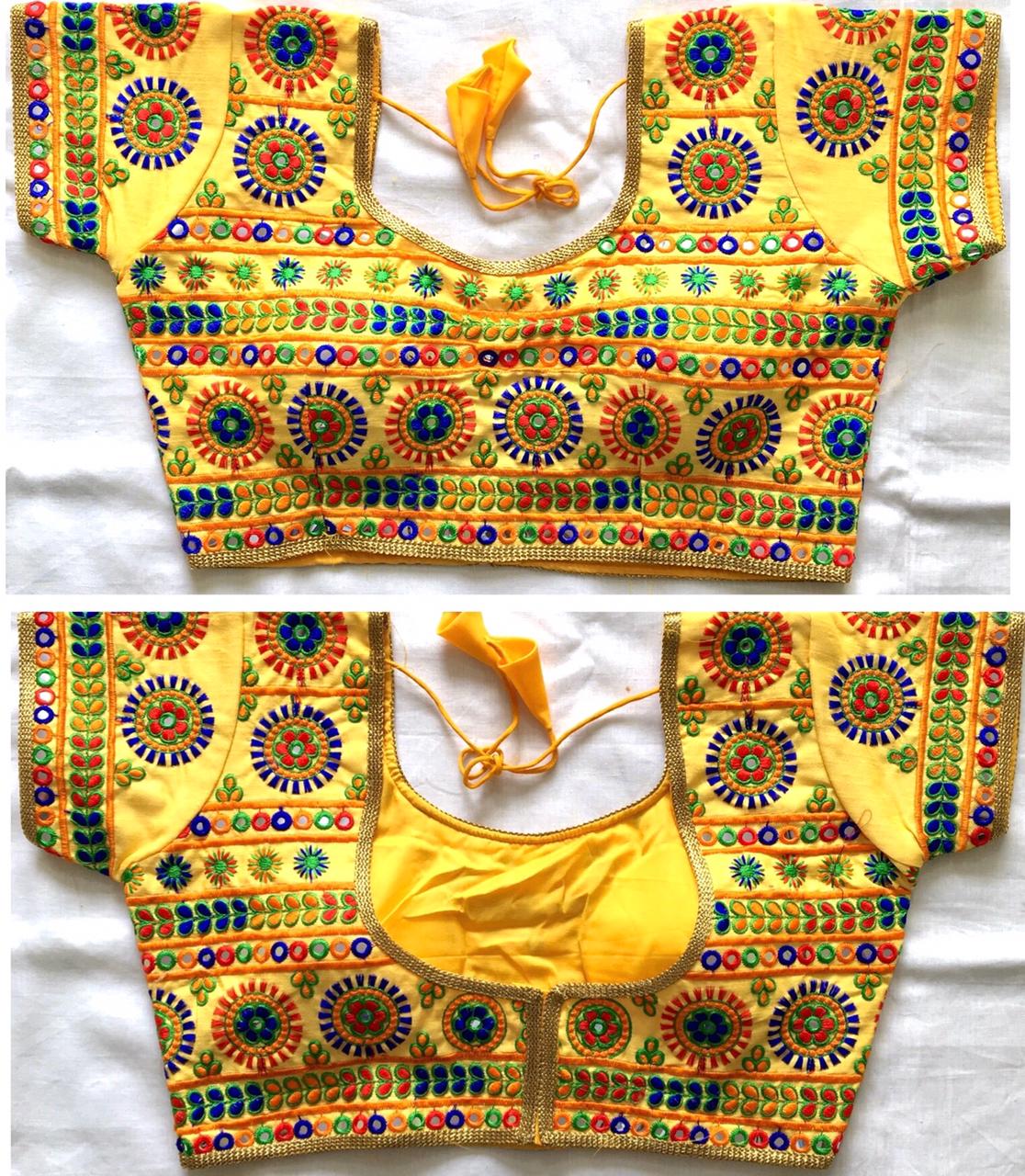 Yellow color silk mirror work navratri blouse images