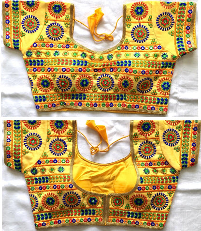 Yellow color silk mirror work navratri blouse images
