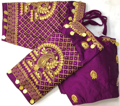 Wine color silk codding work sarees blouse design