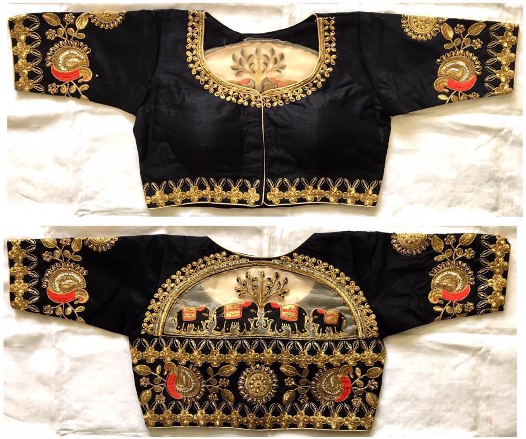 Black color malbari silk embroidery work blouse for wedding 