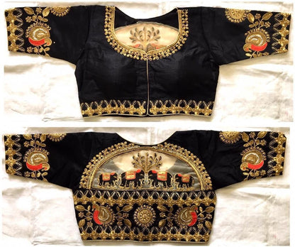 Black color malbari silk embroidery work blouse for wedding 