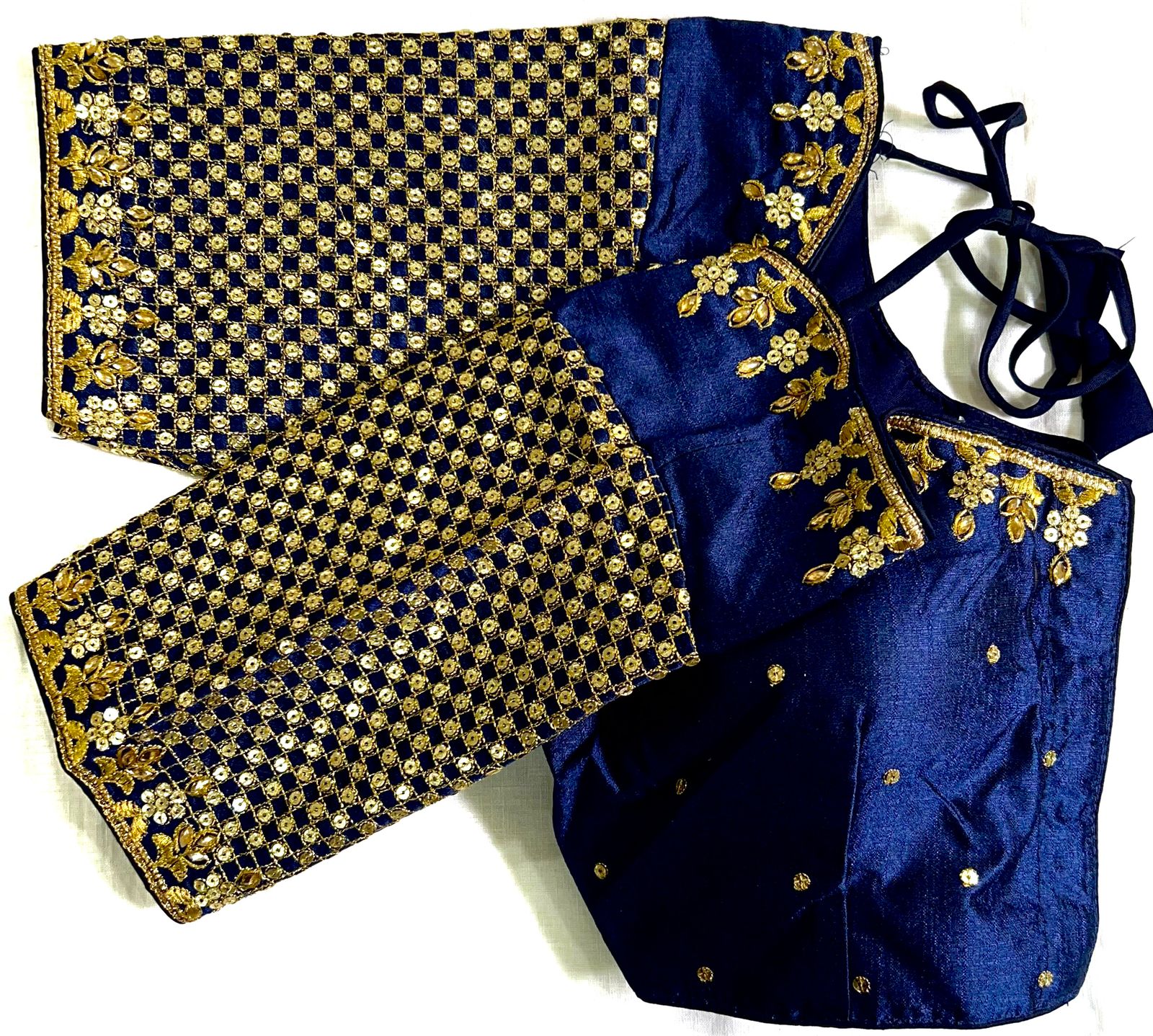 Navy Blue color phantom silk sequins work sarees blouse design