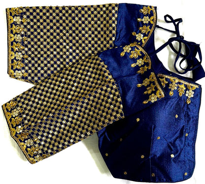Navy Blue color phantom silk sequins work sarees blouse design