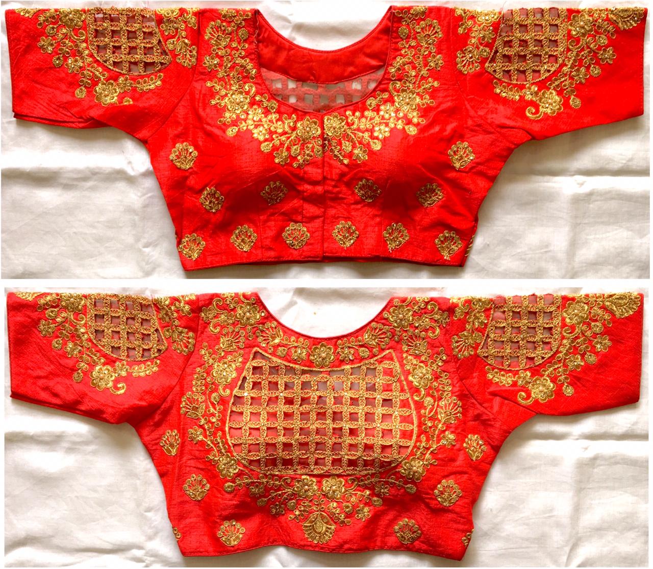 Red color phantom silk hand work blouse design