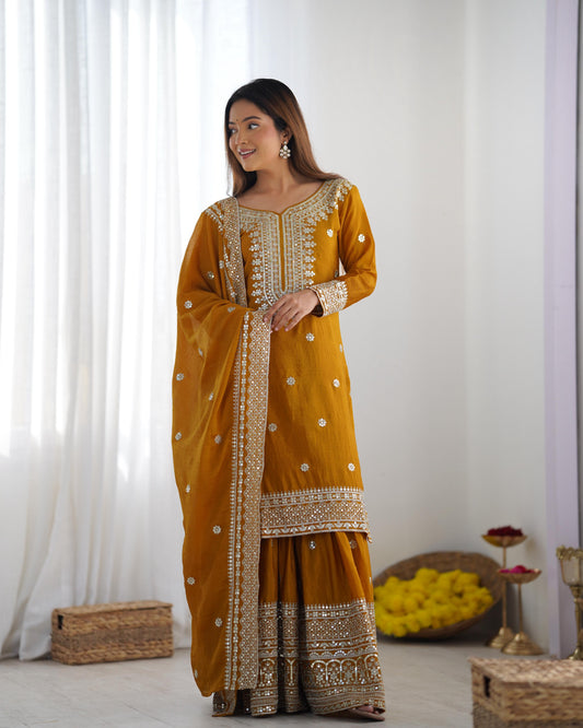 Yellow color chinon silk sharara suit for women