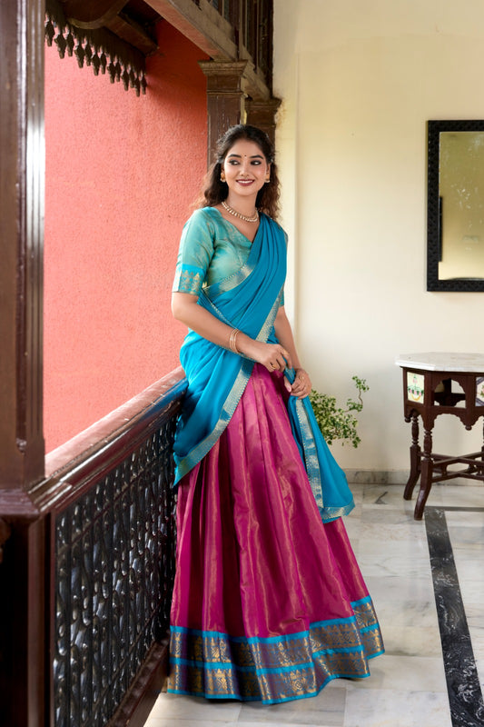 Pink color kanchipuram lehenga choli for wedding