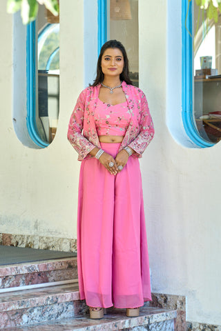 Pink color georgette sharara suit with koti 