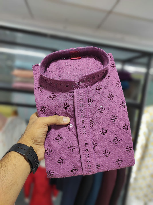 Designer Rayon Lakhnavi Work Men's Kurta With Pajama For Party