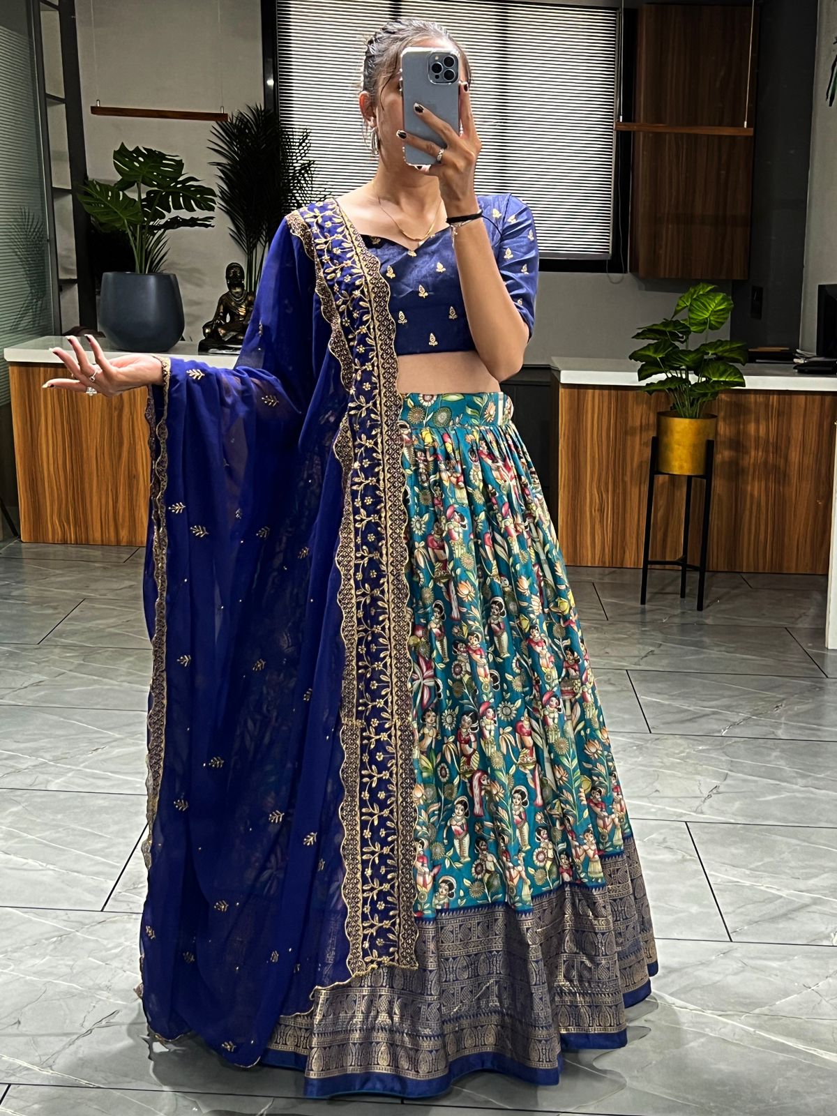 Firozi Kalamkari Lehenga Set
