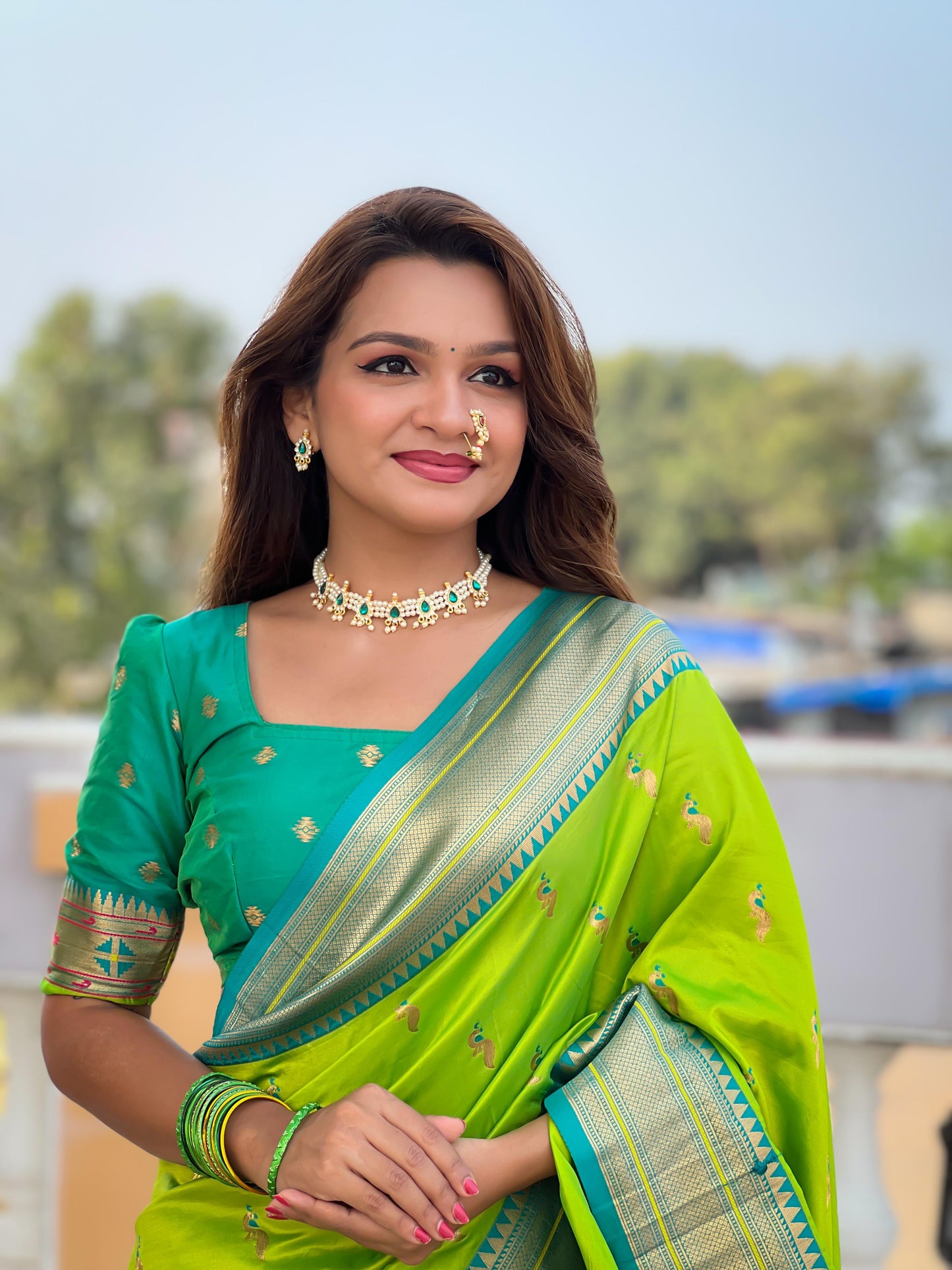 Parrot green paithani silk saree images