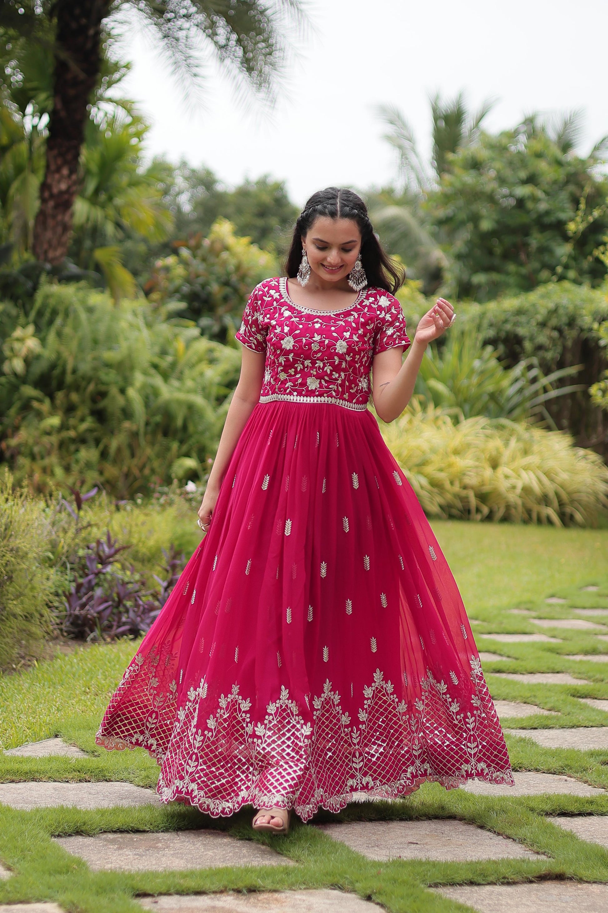 Pink color sequins work long gown for wedding
