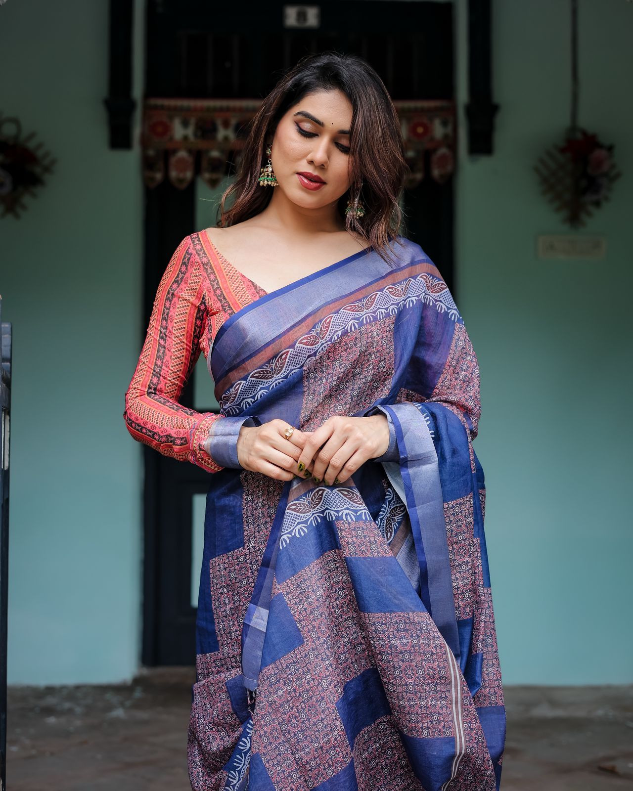Blue color linen saree with blouse online shopping