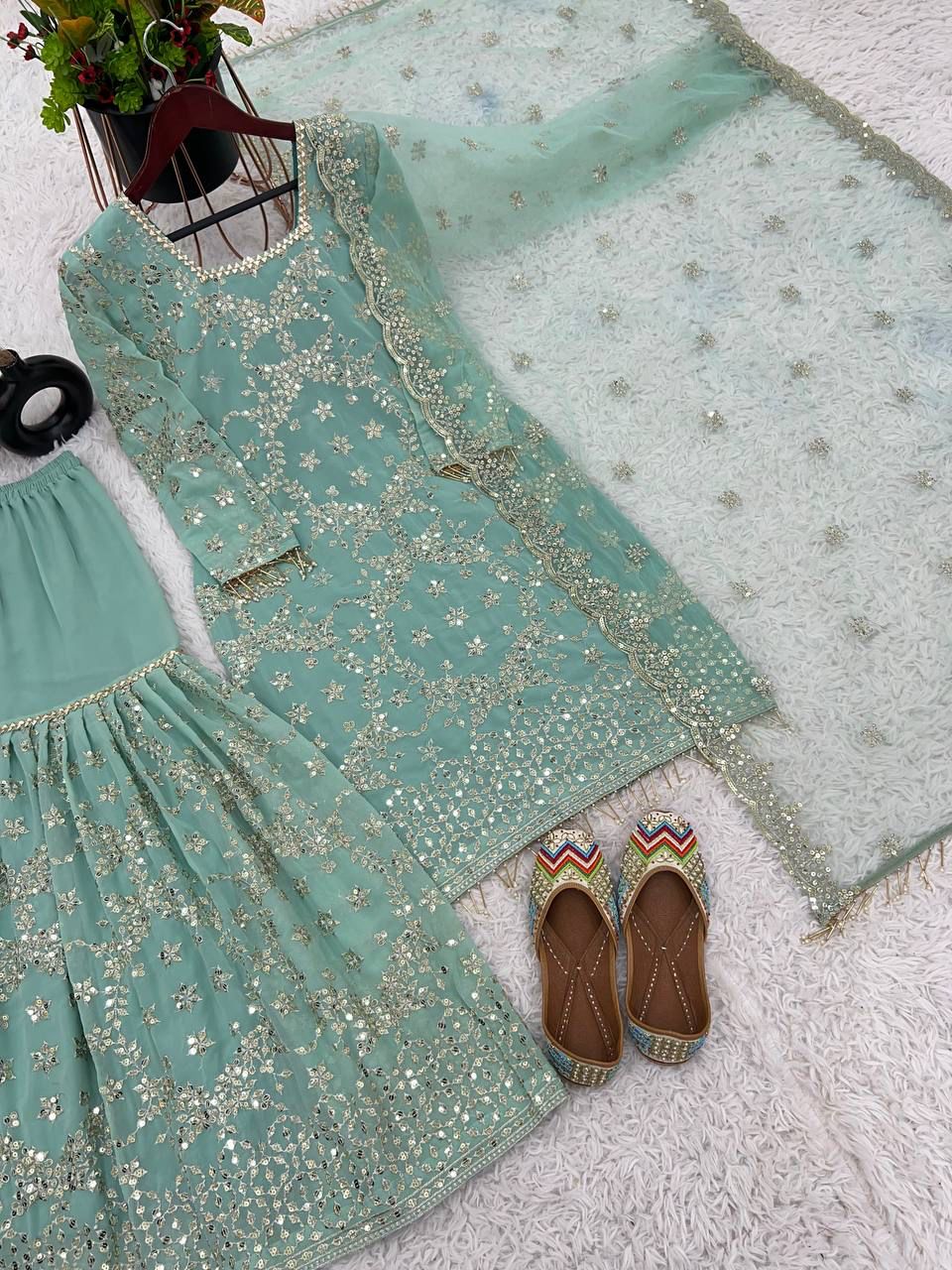 Sky color georgette sharara suit with dupatta images