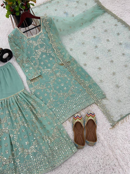 Sky color georgette sharara suit with dupatta images