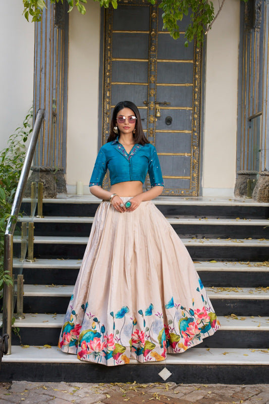 Off white color tussar silk lehenga with blouse